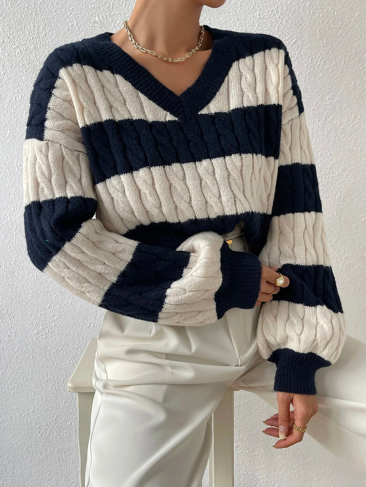 Grace Wool-Blend V-Neck Striped Sweater
