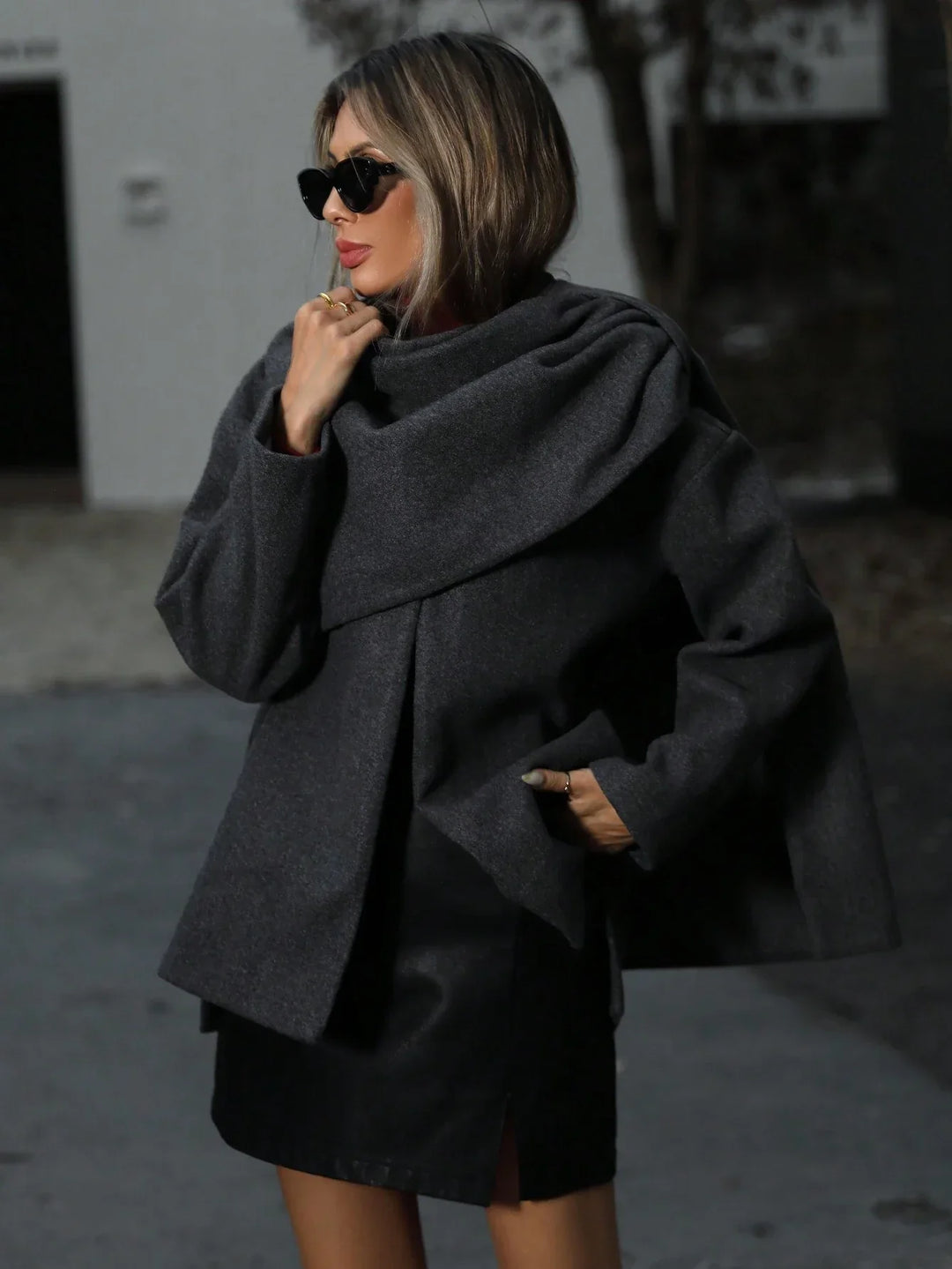 Isabella Wool-Blend Draped Cape Jacket | Relaxed-Fit Band-Collar Jacket