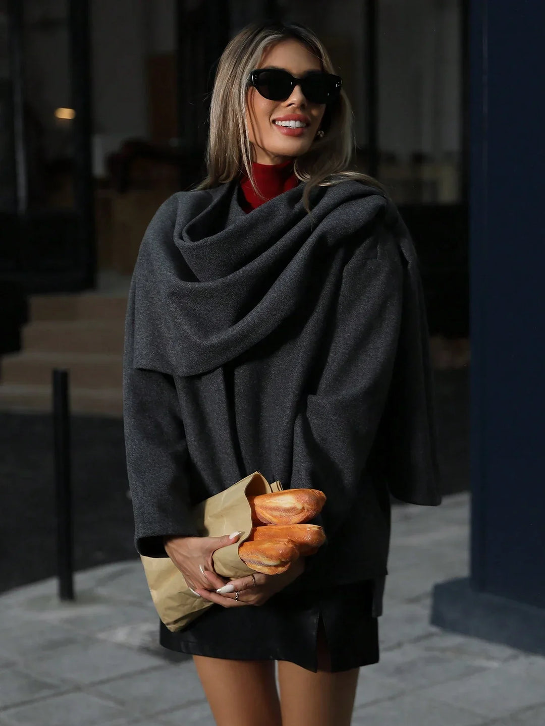 Isabella Wool-Blend Draped Cape Jacket | Relaxed-Fit Band-Collar Jacket