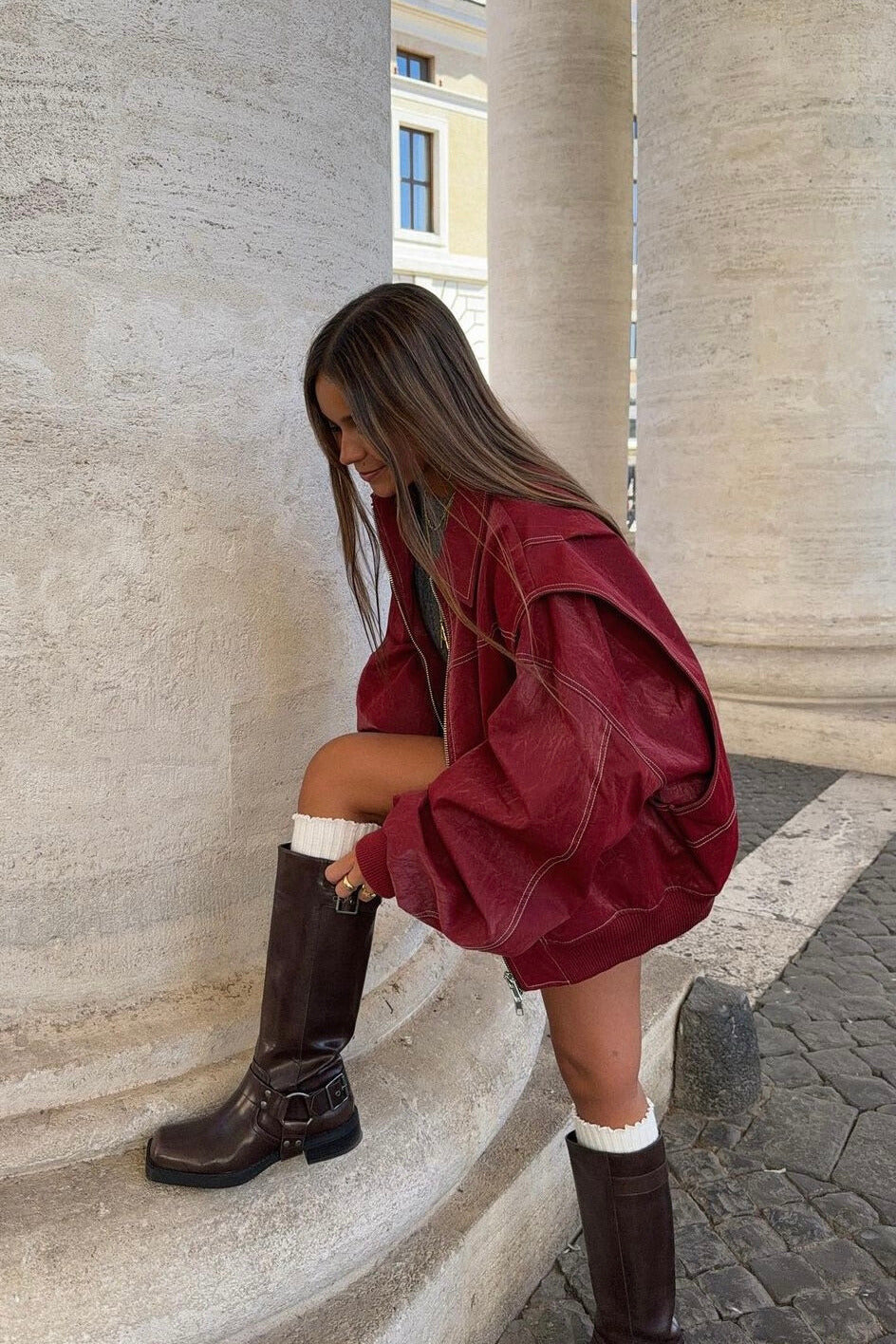 Isabella Oversized Bomber Jacket | Collared Zip Front Jacket