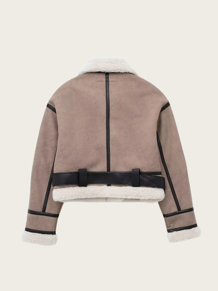 Sienna Belted Cropped Aviator Jacket | Fur-Trim Aviator Jacket with Zipper Pockets