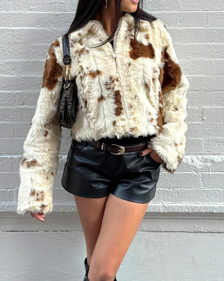 Stella Fleece Regular Fit Faux Fur Jacket | Animal Print Collared Jacket