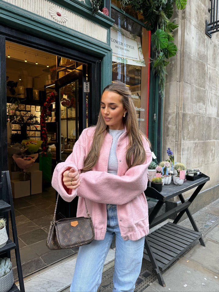 Sienna Fleece Oversized Jacket | Band Collar Snap Front Jacket