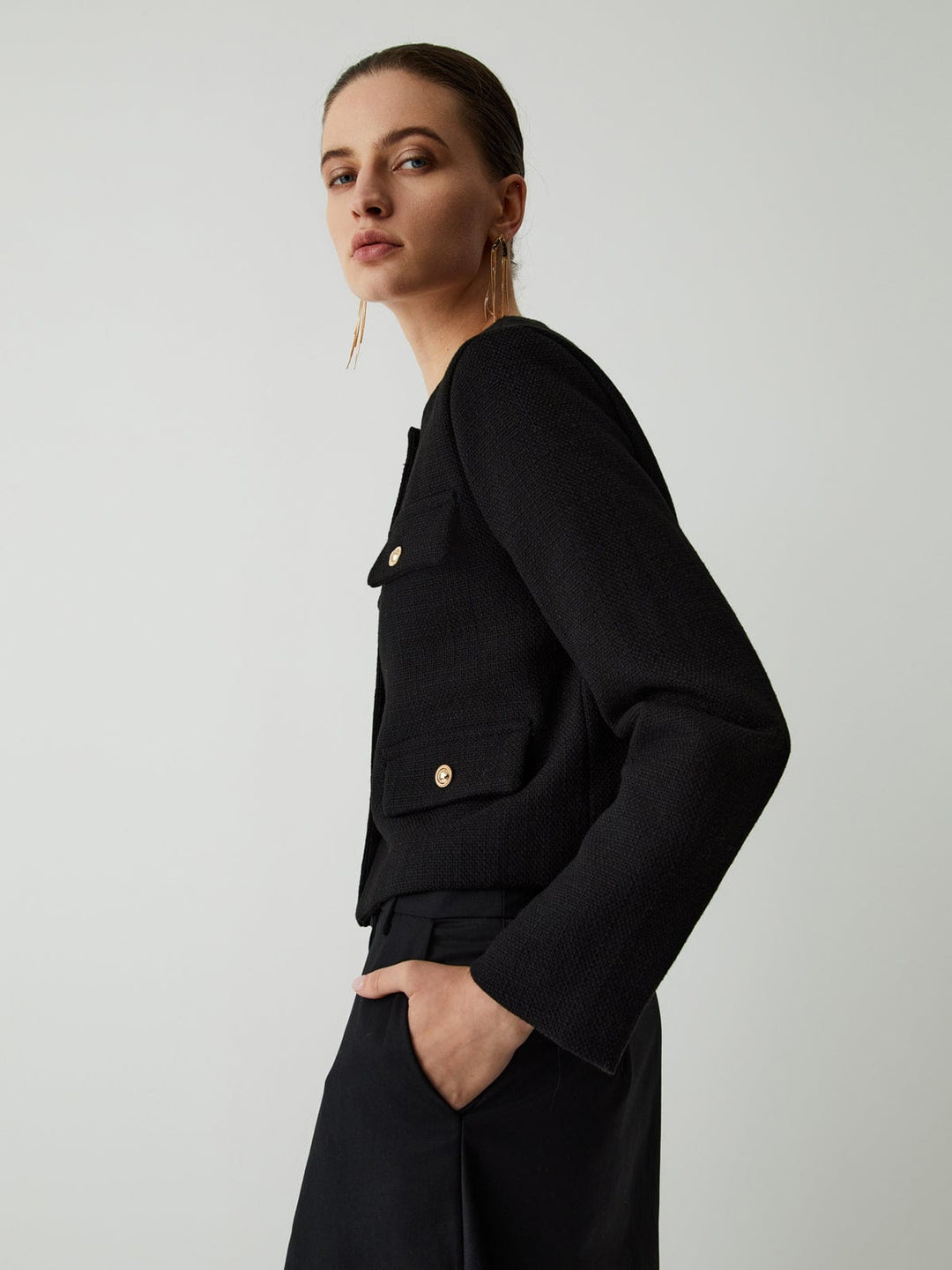 Isabella Wool-Blend Cropped Jacket | Button Front Collarless Jacket