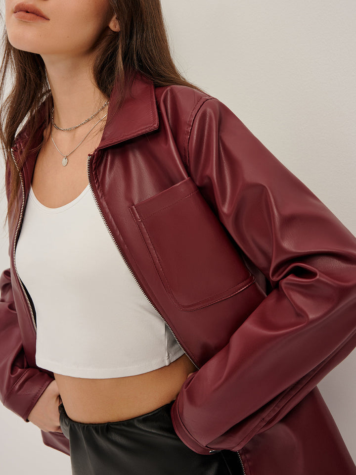 Freya Leather Relaxed Fit Jacket | Collared Hip-Length Jacket