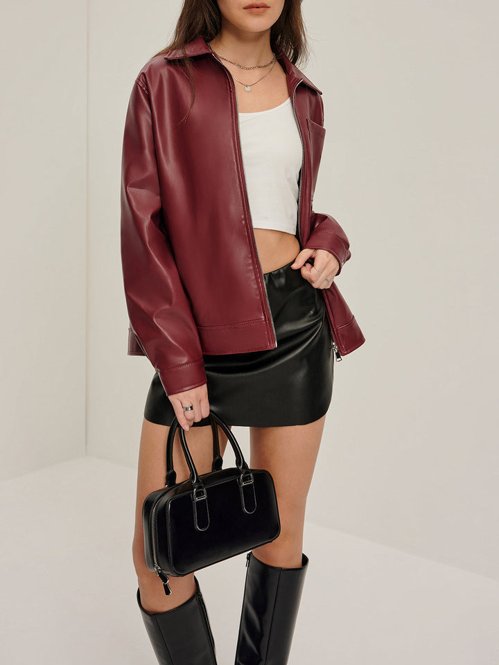 Freya Leather Relaxed Fit Jacket | Collared Hip-Length Jacket