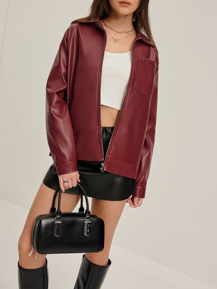 Freya Leather Relaxed Fit Jacket | Collared Hip-Length Jacket