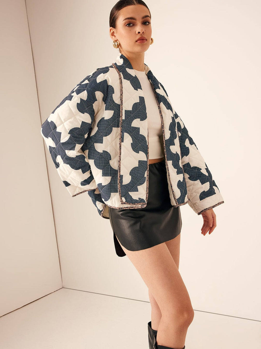 Isabella Quilted Relaxed Fit Jacket | Abstract Pattern Hip-Length Jacket