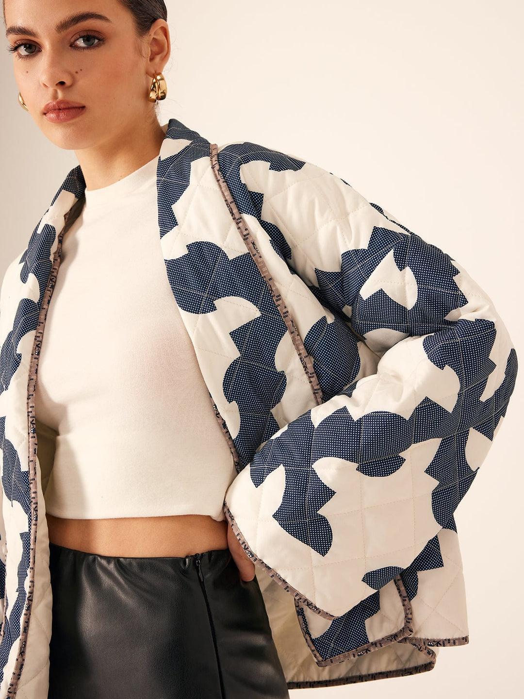Isabella Quilted Relaxed Fit Jacket | Abstract Pattern Hip-Length Jacket