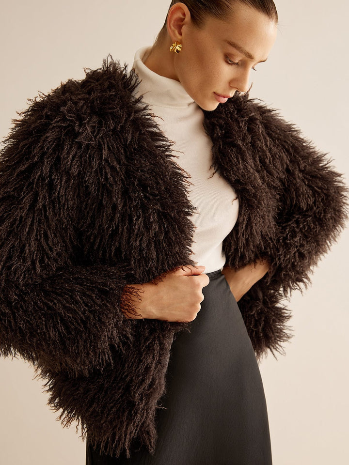 Amelia Shaggy Relaxed Fit Faux Fur Jacket | Collarless Long Sleeve Jacket