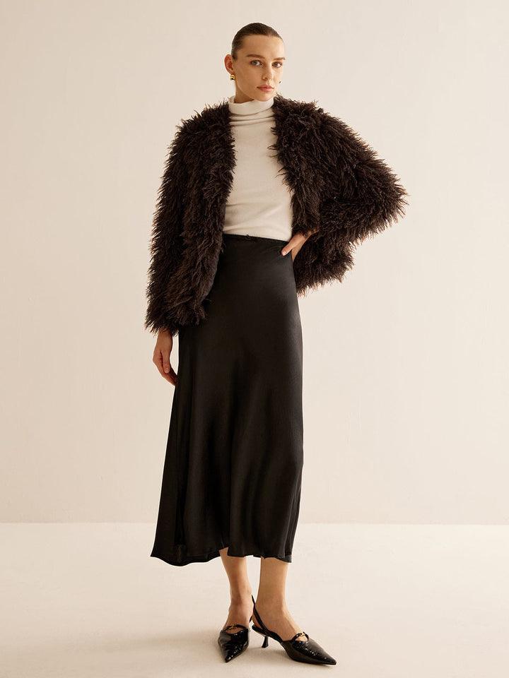 Amelia Shaggy Relaxed Fit Faux Fur Jacket | Collarless Long Sleeve Jacket