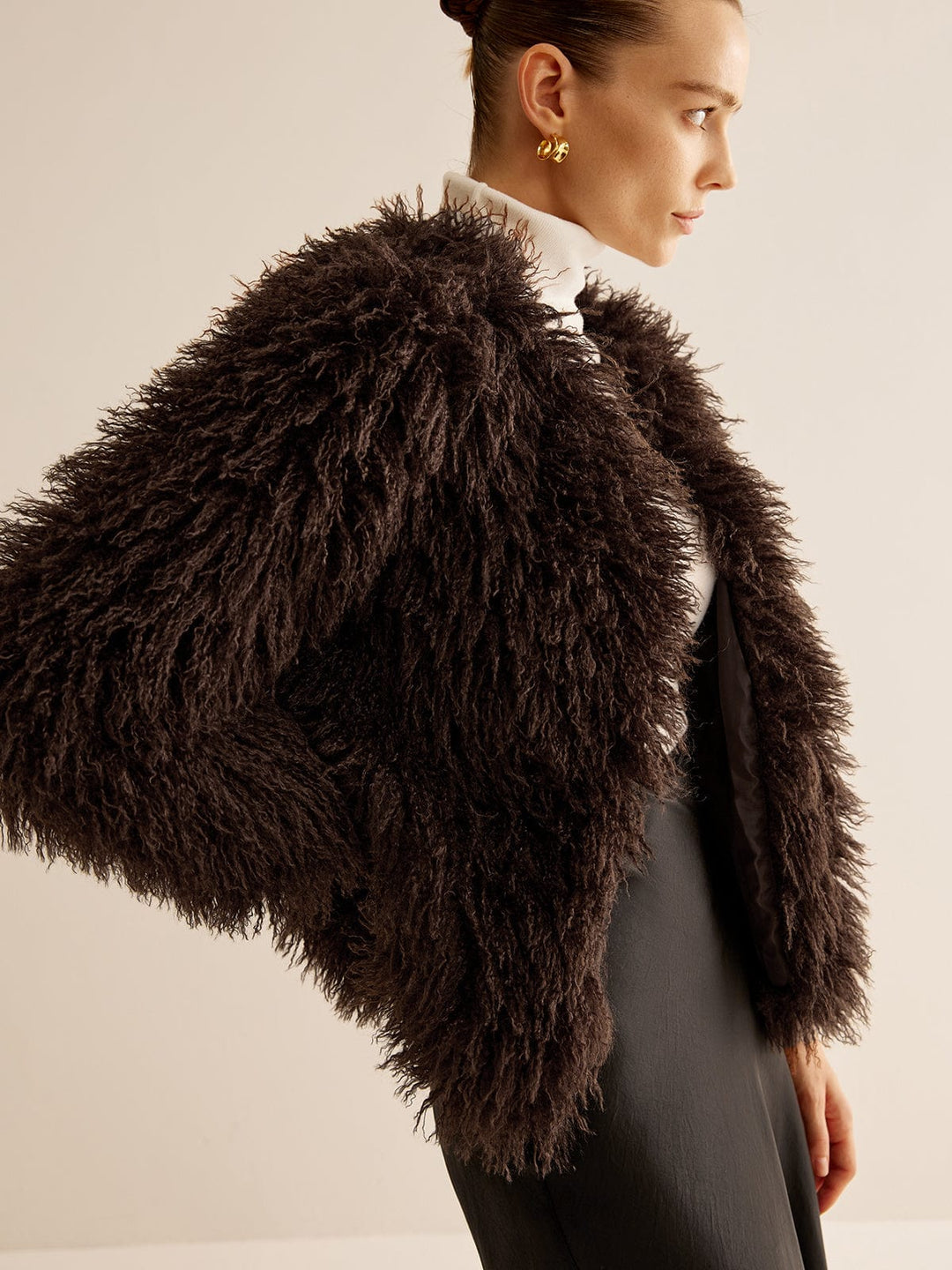 Amelia Shaggy Relaxed Fit Faux Fur Jacket | Collarless Long Sleeve Jacket