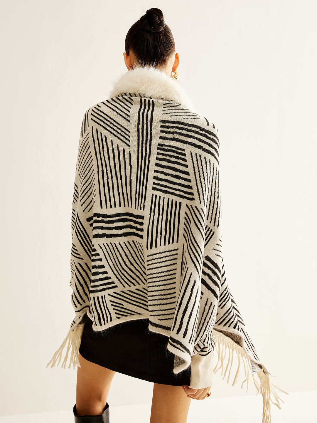 Isla Wool-Blend Oversized Kimono Jacket | Geometric Print Fringe Hem Jacket