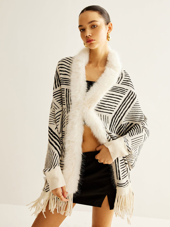 Isla Wool-Blend Oversized Kimono Jacket | Geometric Print Fringe Hem Jacket