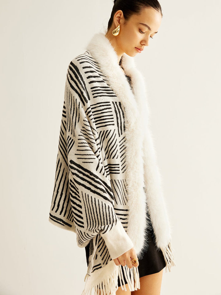 Isla Wool-Blend Oversized Kimono Jacket | Geometric Print Fringe Hem Jacket