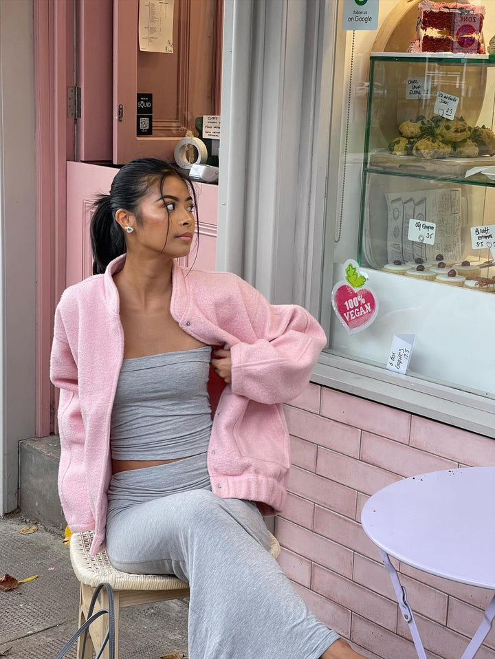 Sienna Fleece Oversized Jacket | Band Collar Snap Front Jacket