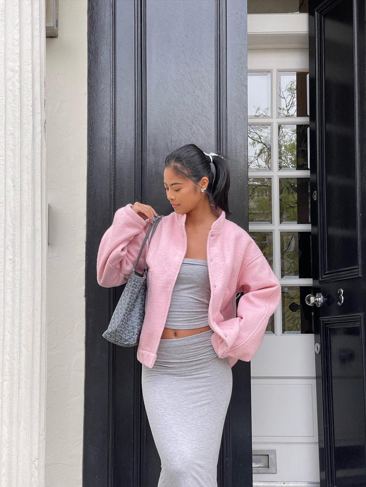 Sienna Fleece Oversized Jacket | Band Collar Snap Front Jacket