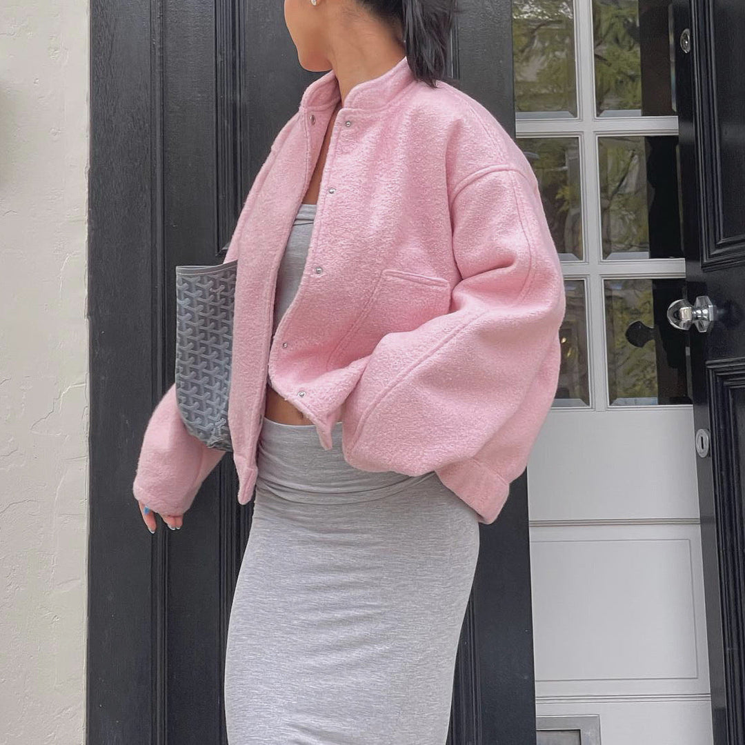 Sienna Fleece Oversized Jacket | Band Collar Snap Front Jacket