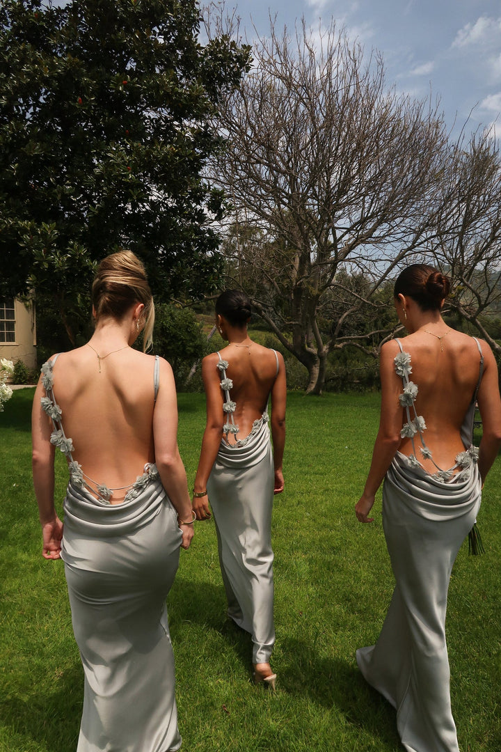 Three women in silver backless dresses walking outdoors on a grassy area with trees in the background.