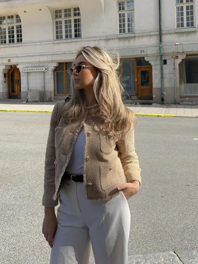 Amelia Wool-Blend Regular Fit Tweed Jacket | Button Front Frayed Trim Jacket