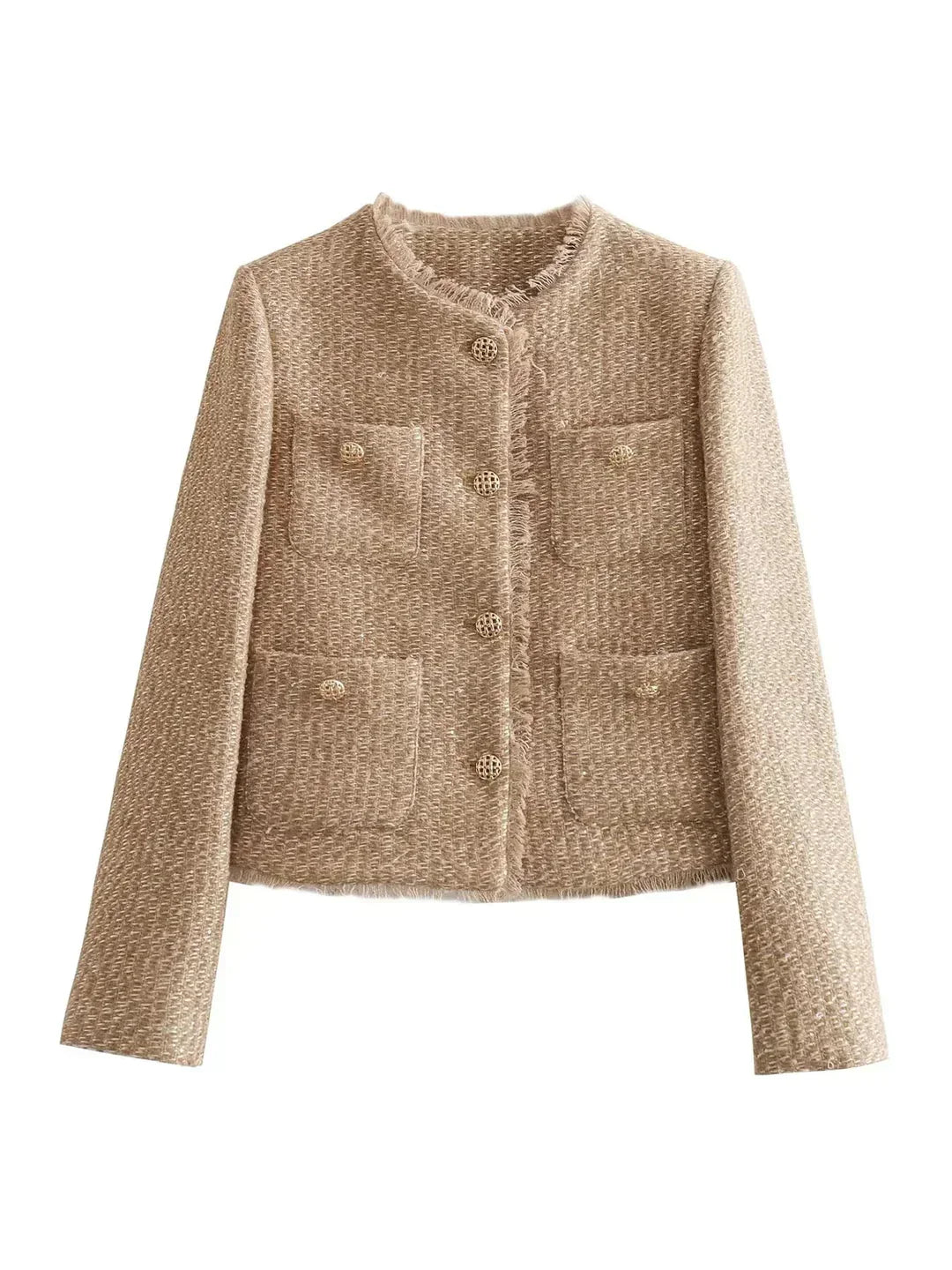 Amelia Wool-Blend Regular Fit Tweed Jacket | Button Front Frayed Trim Jacket