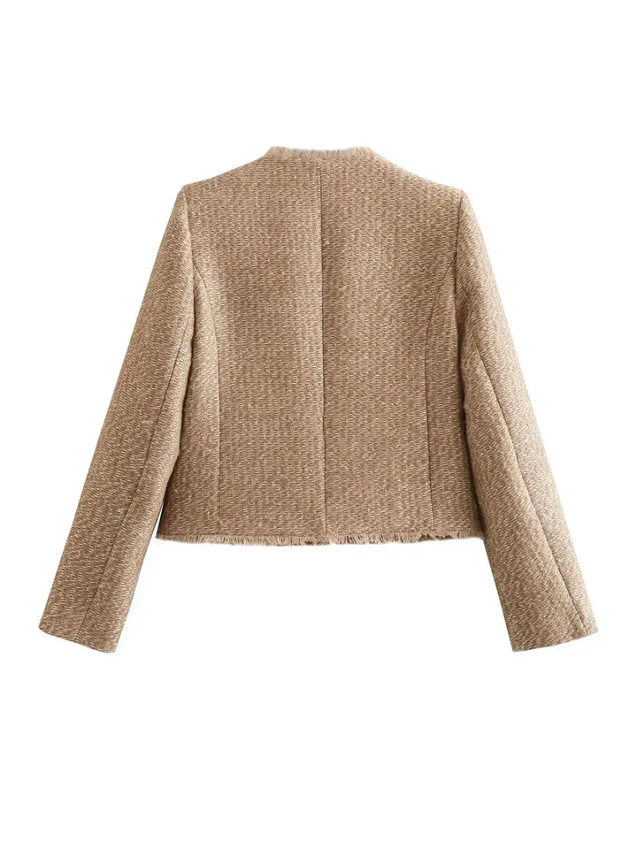 Amelia Wool-Blend Regular Fit Tweed Jacket | Button Front Frayed Trim Jacket