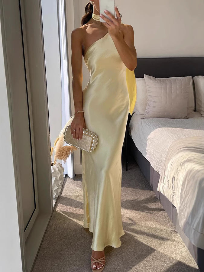 Elise - Maxi Dress - One Shoulder Satin Gown - Elegant Evening Wear - Serena Studio