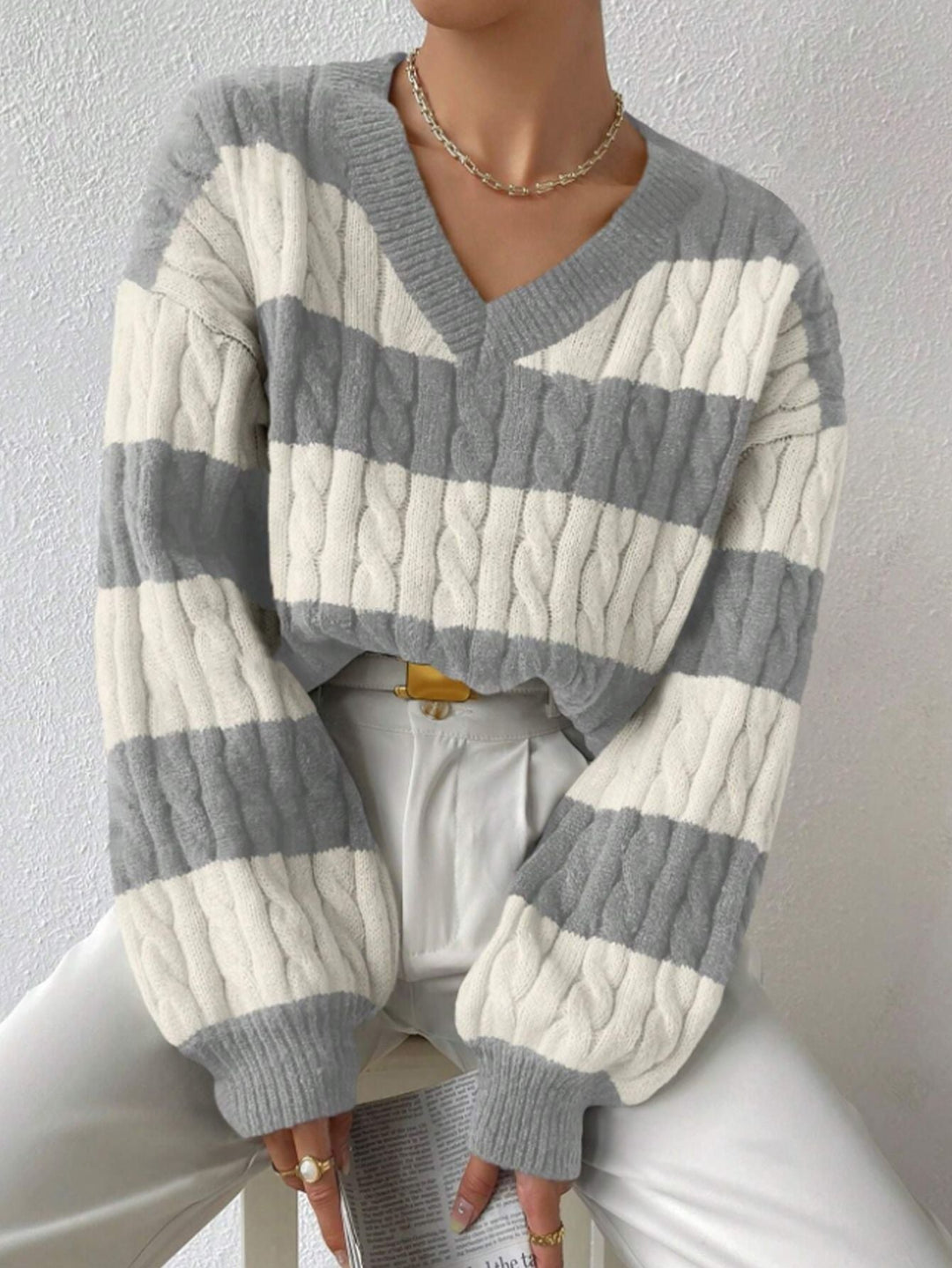 Grace Wool-Blend V-Neck Striped Sweater