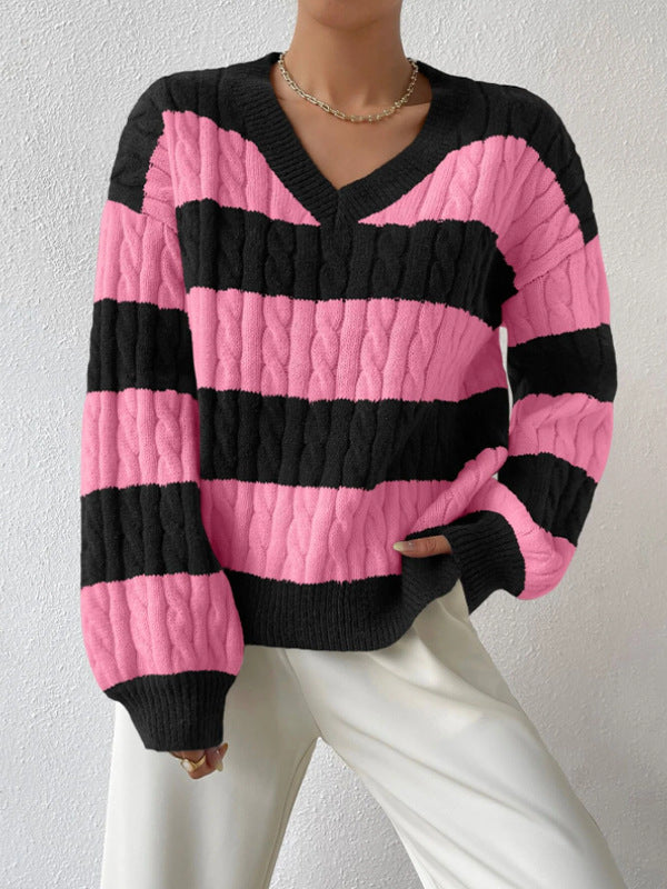 Grace Wool-Blend V-Neck Striped Sweater