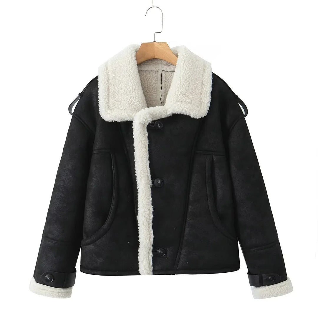 Isla Wool-Blend Oversized Aviator Jacket | Shearling Trim Button Front Jacket
