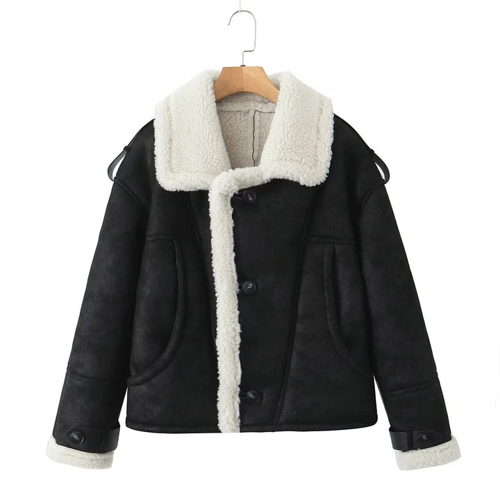 Isla Wool-Blend Oversized Aviator Jacket | Shearling Trim Button Front Jacket