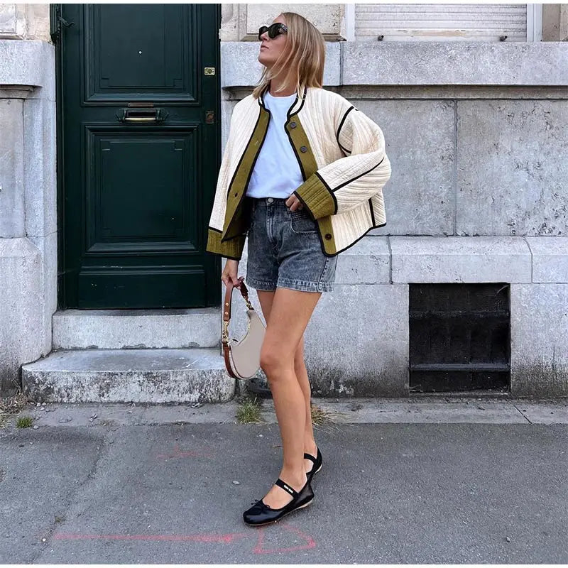 Rosie Quilted Jacket | Piped Trim Button Front Patch Pockets Jacket