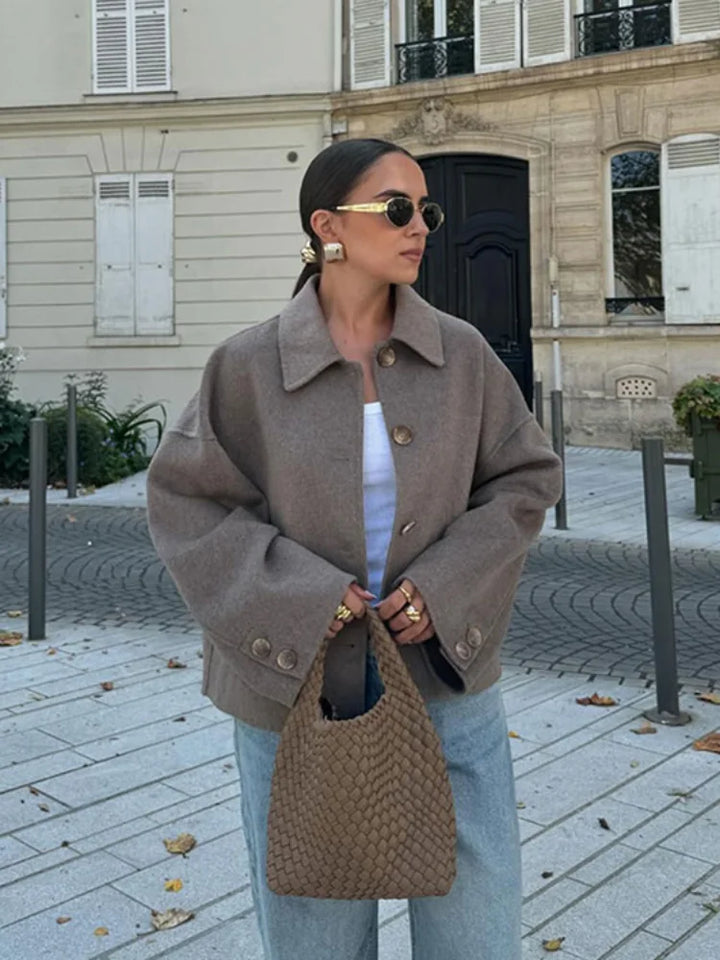 Stella Oversized Collared Jacket | Button Front Hip-Length Jacket