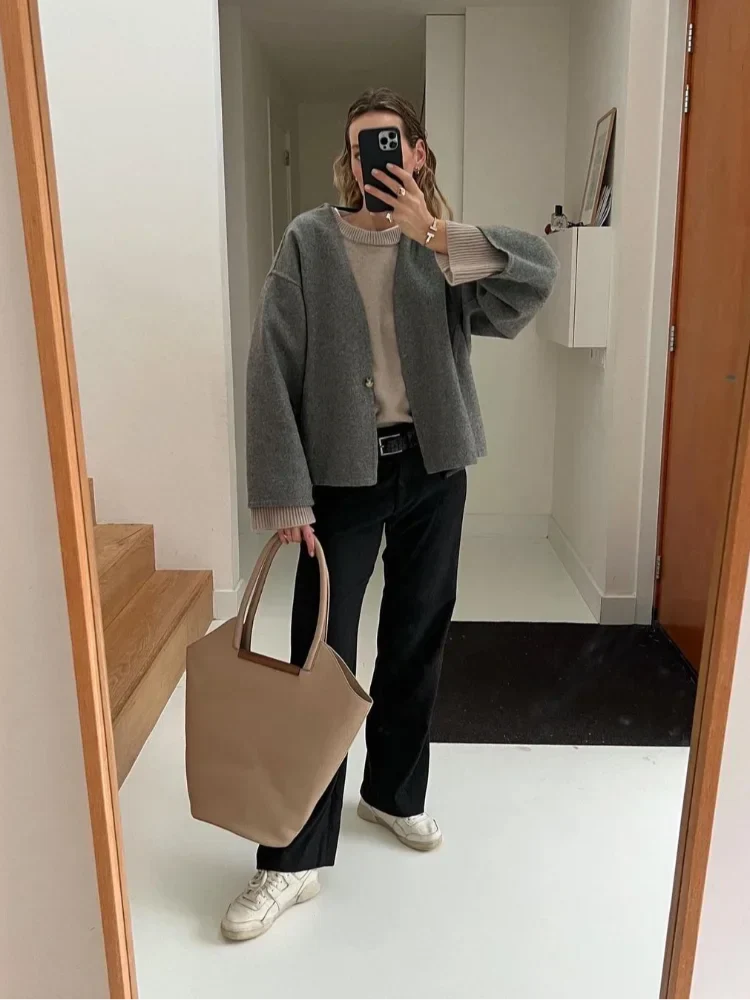 Isabella Wool-Blend Oversized Jacket | Collarless Single Button Jacket
