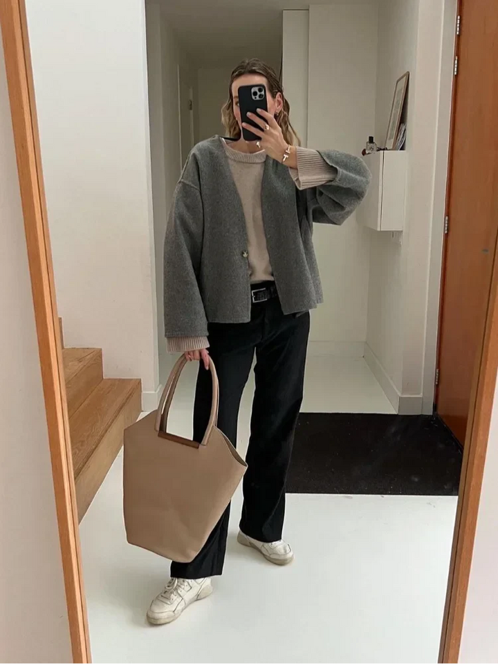 Isabella Wool-Blend Oversized Jacket | Collarless Single Button Jacket