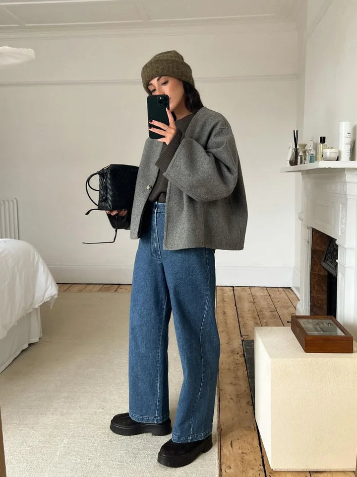 Isabella Wool-Blend Oversized Jacket | Collarless Single Button Jacket