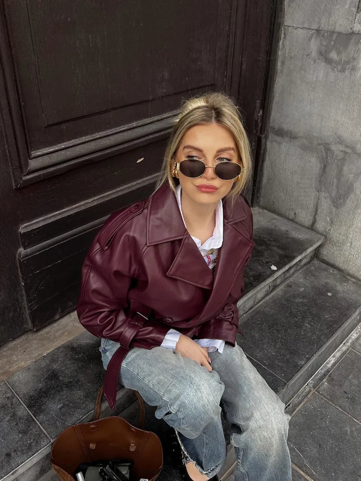 Isabella Leather Oversized Biker Jacket | Collared Hip-Length Jacket