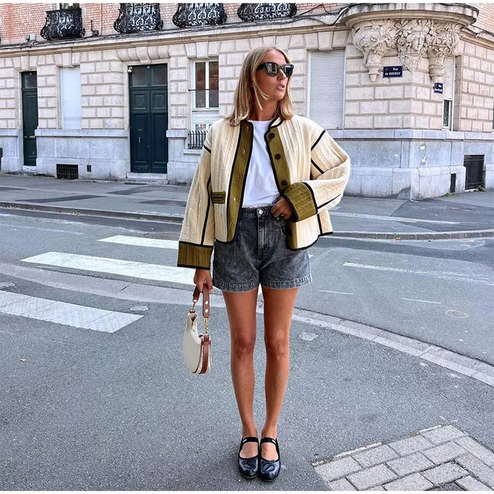 Rosie Quilted Jacket | Piped Trim Button Front Patch Pockets Jacket