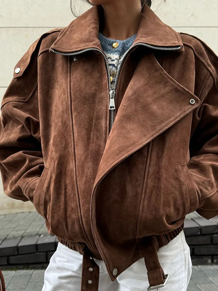 Isabella Biker Jacket | Belted Hip-Length Biker Jacket