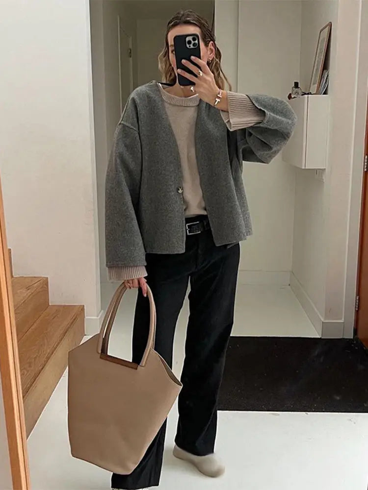 Isabella Wool-Blend Oversized Jacket | Collarless Single Button Jacket