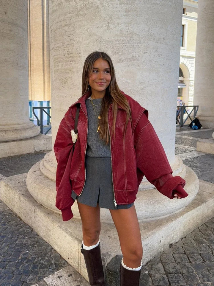 Isabella Oversized Bomber Jacket | Collared Zip Front Jacket