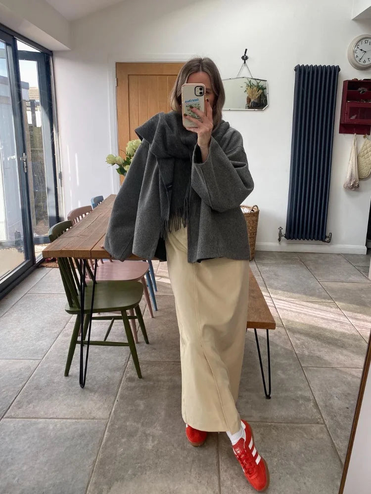 Isabella Wool-Blend Oversized Jacket | Collarless Single Button Jacket