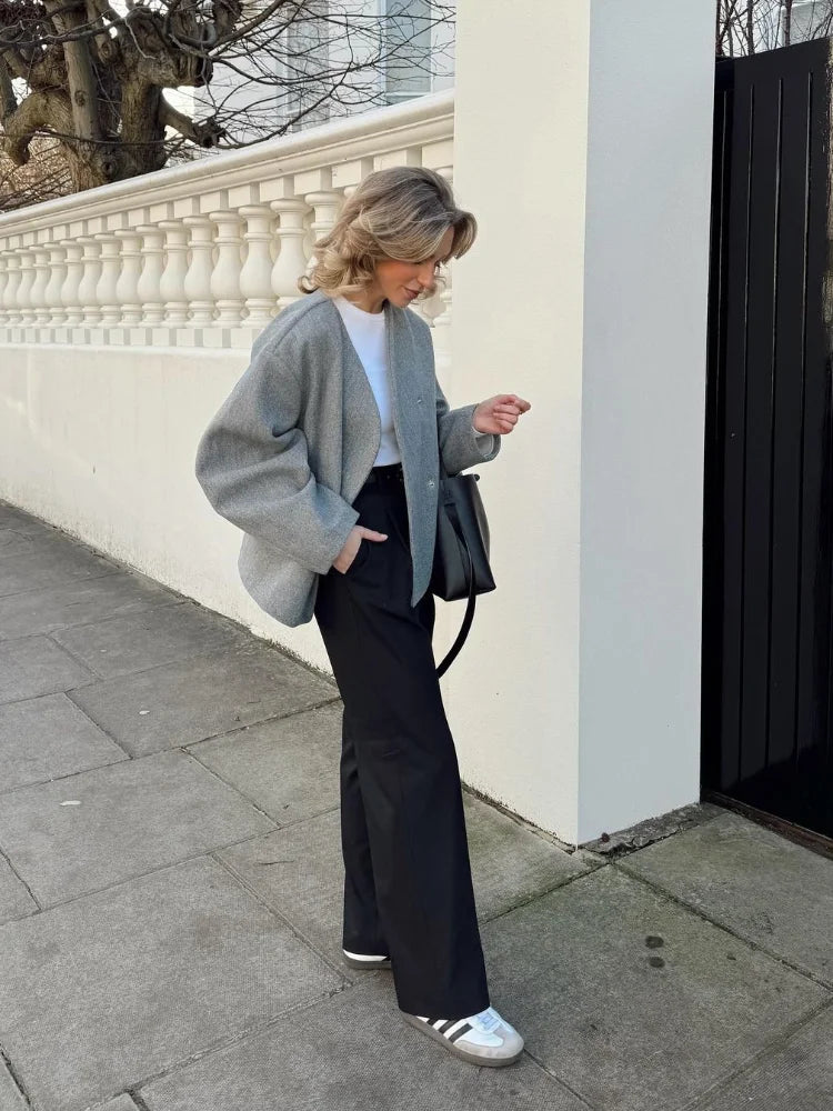Isabella Wool-Blend Oversized Jacket | Collarless Single Button Jacket