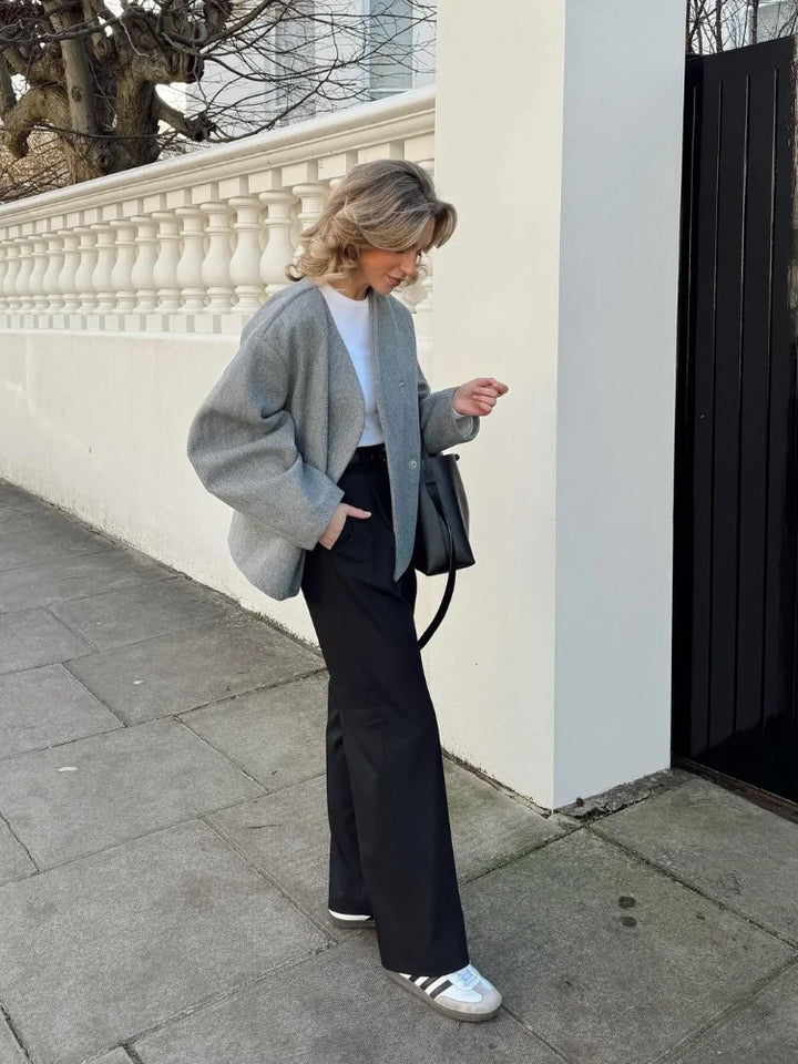 Isabella Wool-Blend Oversized Jacket | Collarless Single Button Jacket