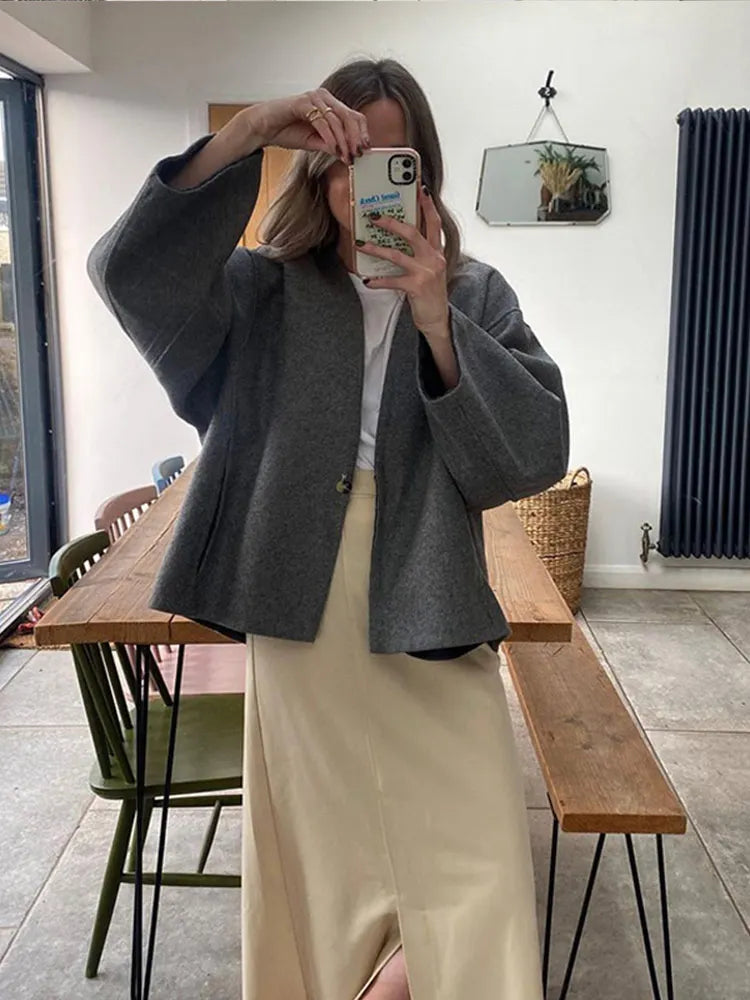 Isabella Wool-Blend Oversized Jacket | Collarless Single Button Jacket