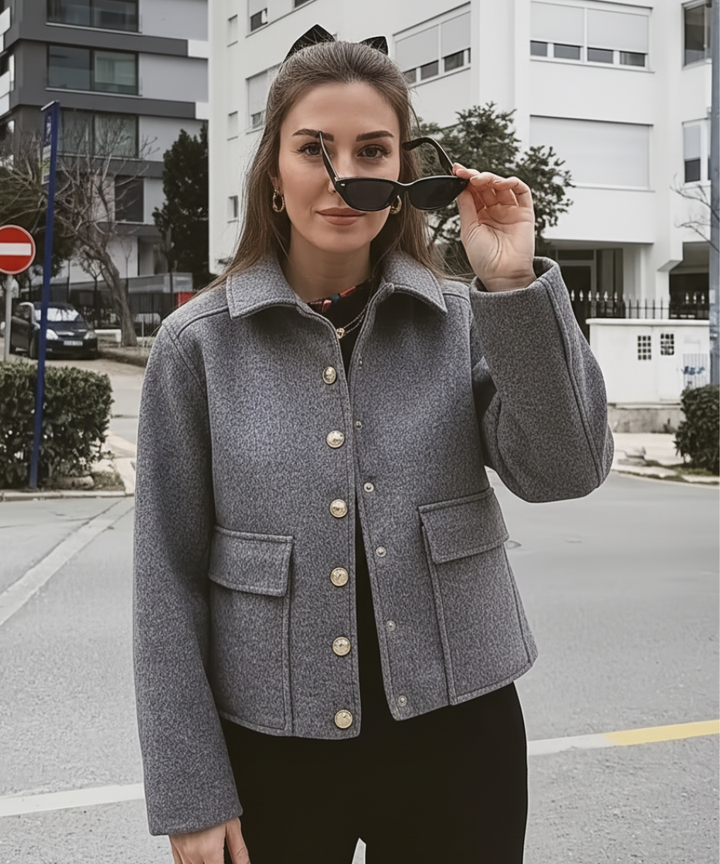 Isabella Wool-Blend Tailored Cropped Jacket | Button Front Flap Pockets Jacket