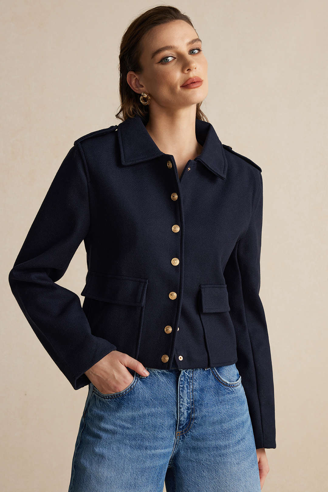 Isabella Wool-Blend Tailored Officer Jacket | Cropped Solid Military Jacket