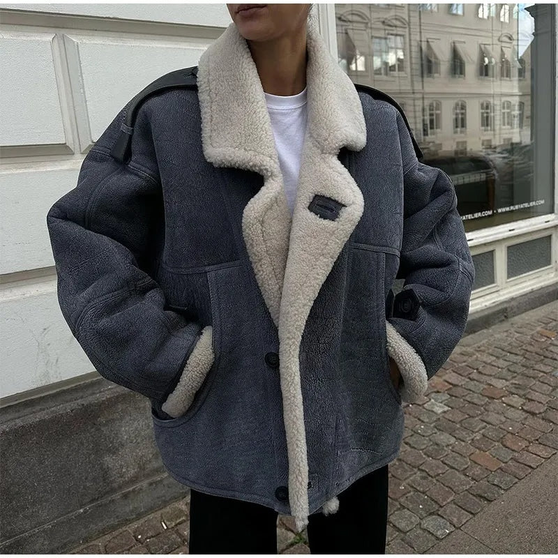 Isla Wool-Blend Oversized Aviator Jacket | Shearling Trim Button Front Jacket