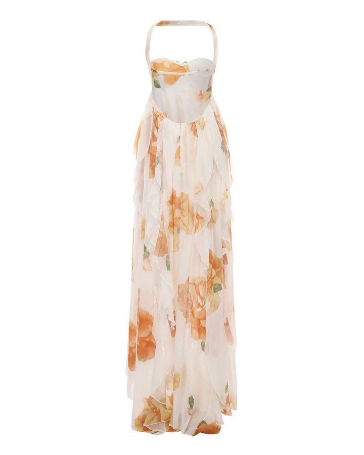 Floral strapless dress on a white background