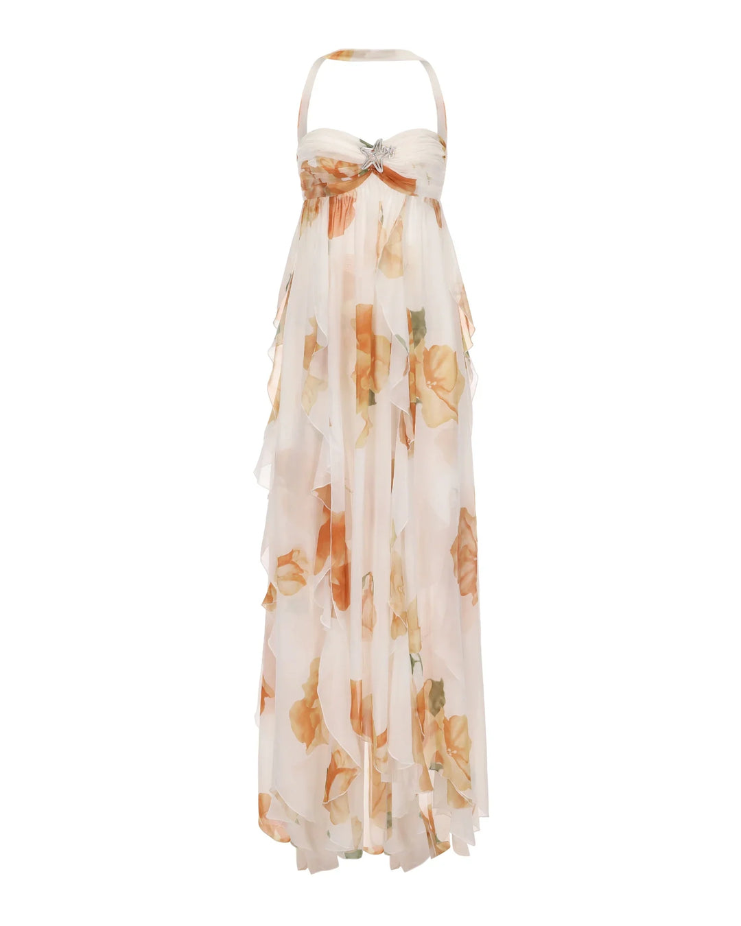 Long floral dress with a bow detail on a white background